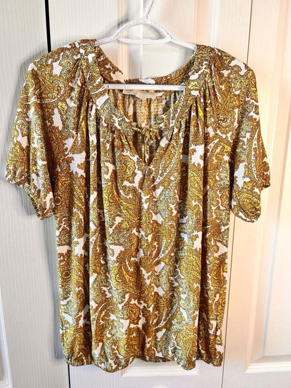 Michael Kors Womens Blouse Top Size Large Yellow Paisley Scoop‎ Neck 3/4 Sleeve